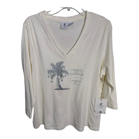 Caribbean Joe Cream V-Neck Top with Silver Holiday Palm Tree Design Size XL - Picture 6 of 9